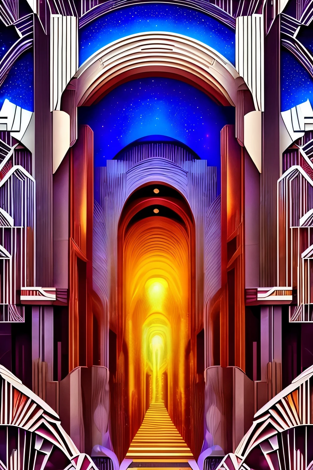 best quality, 32k, RAW photo, incredibly absurdres, extremely detailed, delicate, flashy and dynamic depiction, 3D, (art deco:1.7), galaxy, space fantasy, kaleidoscope, huge magic circle, pale full moon, static electricity, electric discharge, geometric pattern, irregularity, mysterious, sign of something happening, wide space at night, night sky, colorful, digital, art, background galaxy, rainbow colors neon line light, image processing with mysterious effects, 