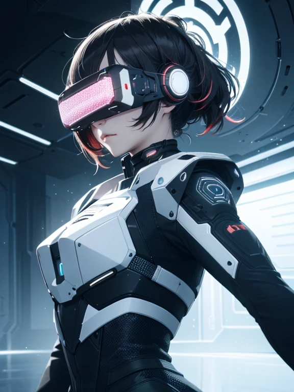 ((highest quality)), ((masterpiece)), (very detailed:1.3), 3D, beautiful (cyber punk:1.3) Female Hacker, mohican hairstyle, Back to Viewer, dark hair, operating computer terminals, (head mounted display):1.5, computer server, LCD Screen, fiber optic cable, company logo, HDR (high dynamic range), ray tracing, NVIDIA RTX, super resolution, unreal 5, Scattered beneath the surface, PBR texture, Post-processing, anisotropic filtering, Depth of bounds written, maximum sharpness and sharpness, multilayer texture, Albedo map and highlight map, surface shading, Accurate simulation of light-matter interactions, perfect ratio, octane rendering, duotone lighting, Low ISO, White balance, Rule of thirds, wide aperture, 8K students, efficient subpixel, subpixel convolution, luminescent particles, dynamic pose