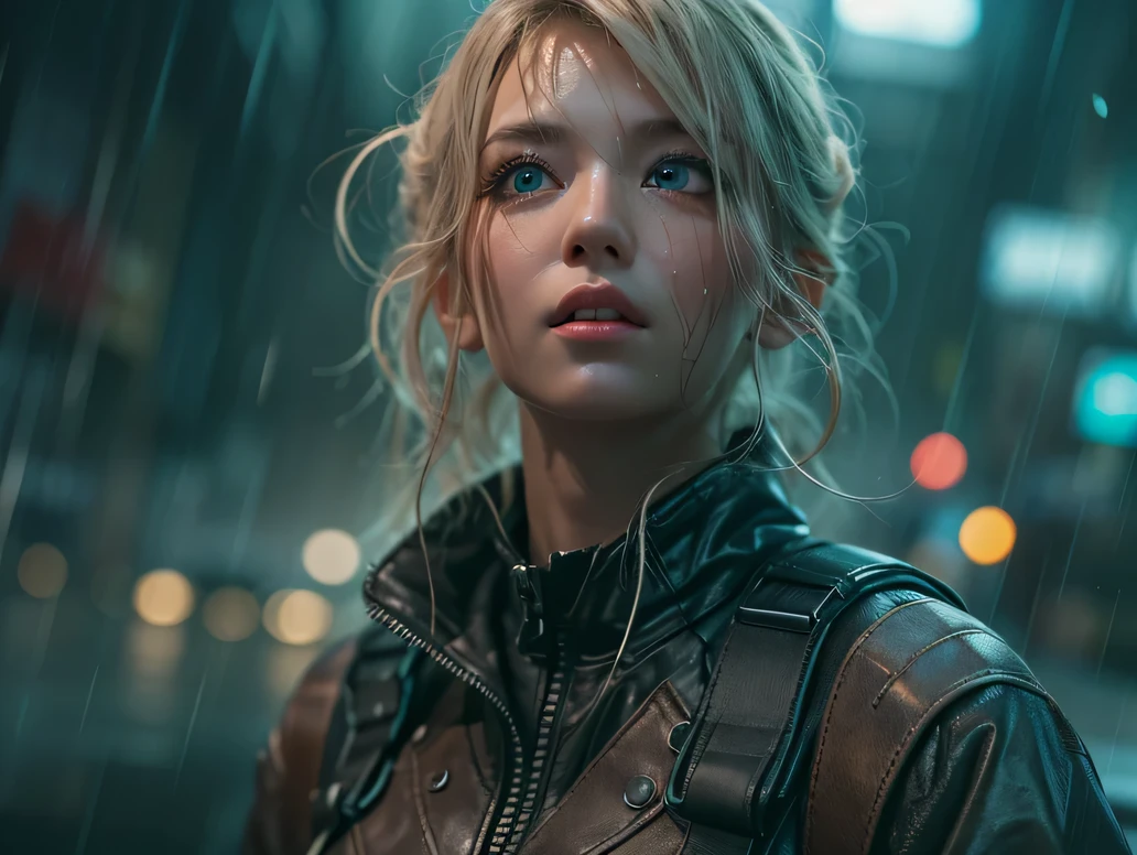 cyberpunk world war 3, cinematic composition, Fantasy digital painting by Greg Rutkowski and James Gurney, Trending at Art Station, very detailed, hyper realistic, realistic, photorealistic, dynamic lighting, very detailed, cinematic landscape, Studio Landscape, studio lighting, rain, cigarette, 1 cute girl, ((idol face)), (perfect eyes:1.3), (beautiful and fine eyes:1.6), short wavy blonde hair, wet hair, wet skin, SWAT suit,