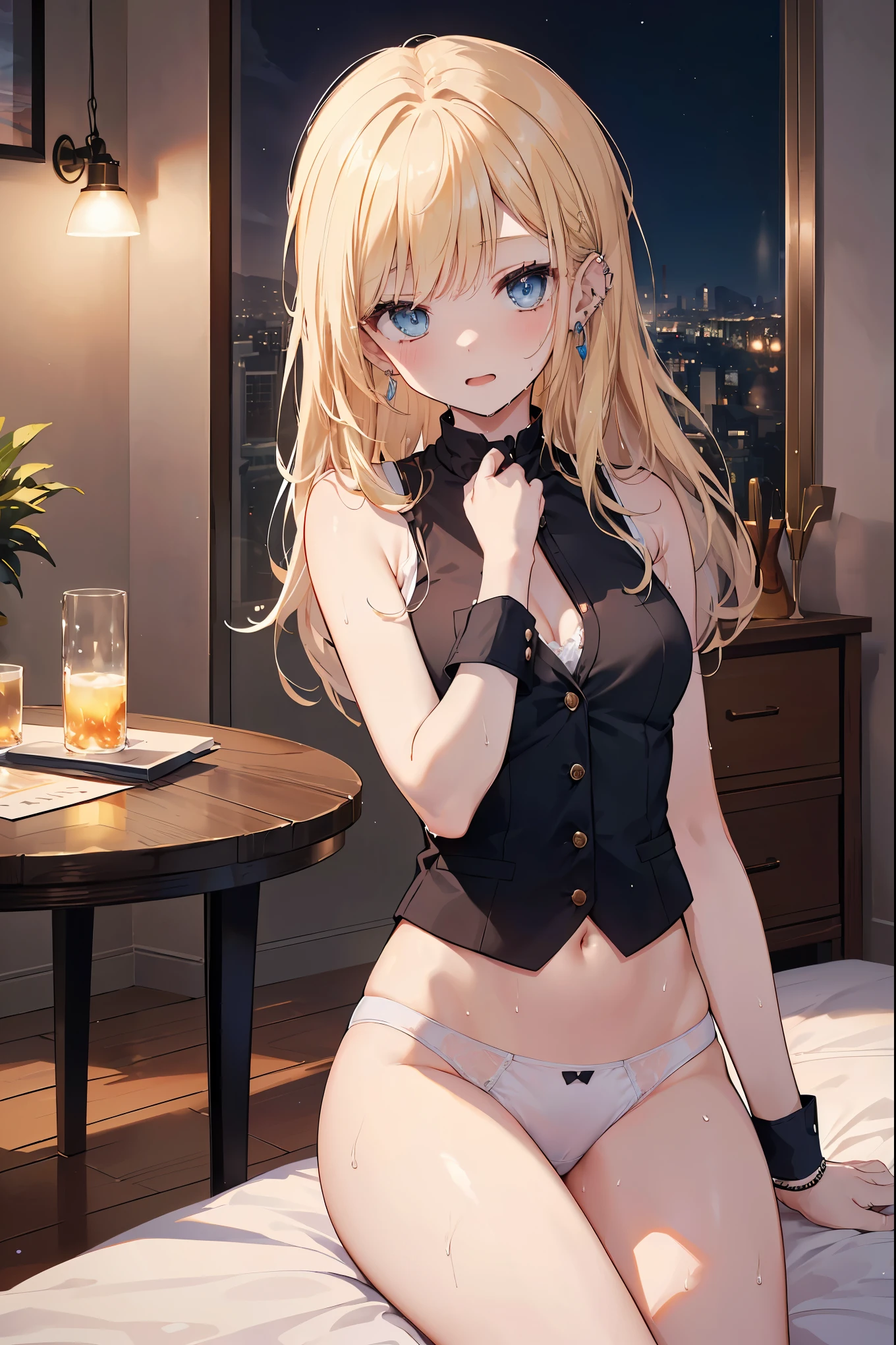 最high quality、best image quality、masterpiece、with a girl((18-year-old、 white underwear、vest bust、bust 85、blonde、semi-long、blue eyes、open your chest wide、valley、happiness、Black wristband on wrist、Slender、Ear Nipple Ring、the whole body is wet、wet hair、naughty face、on all fours、on the bed、Get closer to your audience)）high quality、Camera Film Style、With background((Beautiful room at night))、table top、cool style、elaborate design、visual art