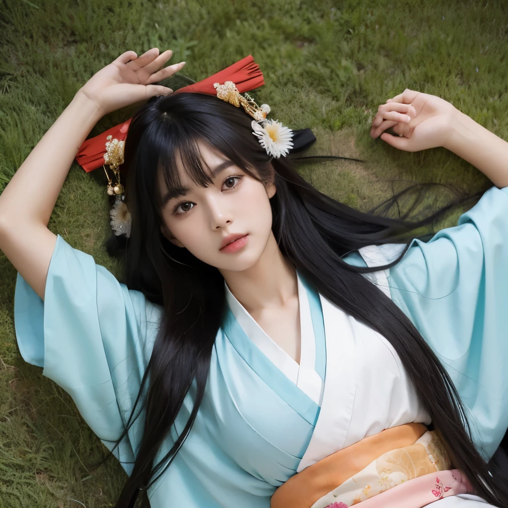 20 years old girl, slim, black long hair, hair loose, bangs on the head, brown eyes, stares straight ahead,medium chest, color kimono,Ornament on the head, ornament on the kimono, lying on his back on the grass, Head on the grass,top-down perspective,a beautiful picture,
