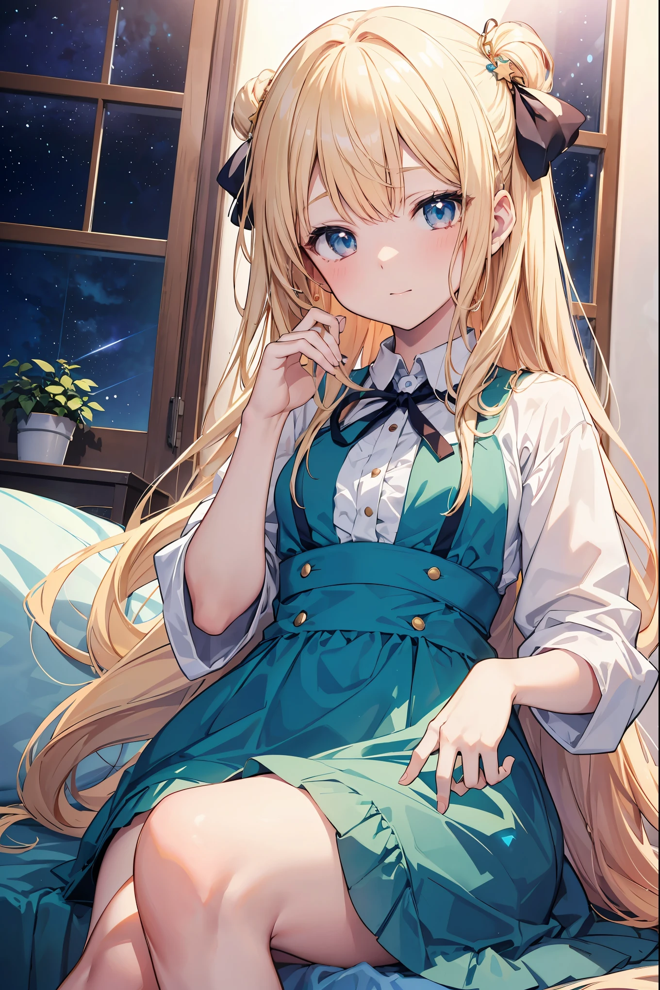 Highly detailed CG integrated 8k wallpaper、very fine 8KCG wallpaper、absurd、、highest quality、super detailed、beautiful face、Anime girl sitting on bed in blue dress and white shirt, splash art anime loli, long hair blonde anime girl, anime style like fate, Anime visuals of cute girls, Cute anime wife in a nice dress,  in a dress, anime best girl, Small curves , anime moe art style、The stars are full of twinkles