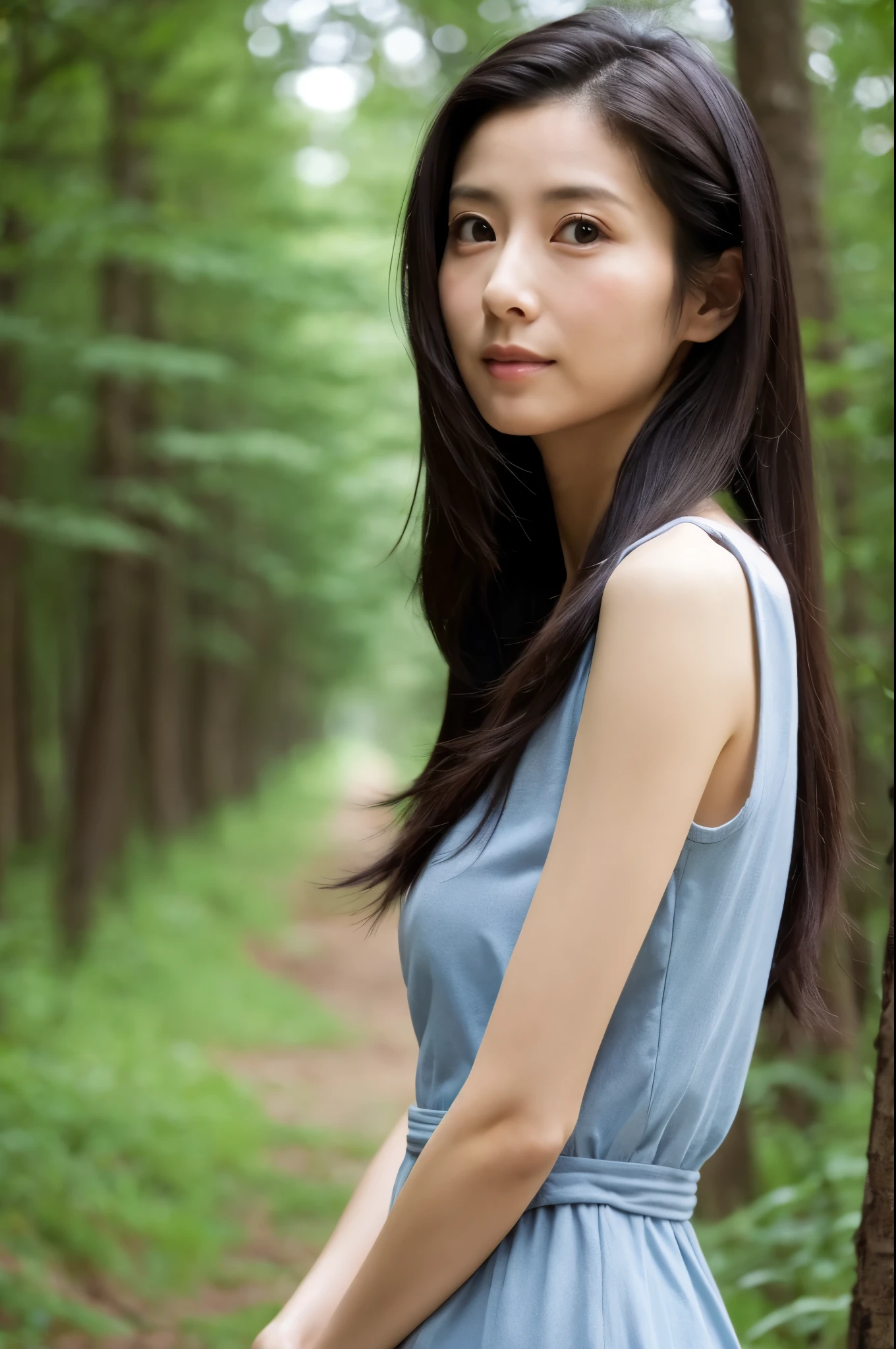 A Japanese lady, 40 years old, skinny figure, small breasts, extremely thin waist, beautiful face, beautiful eyes, natural make up, black long hair, wearing a casual dress, standing in the forest, looking longingly at a viewer, 1girl in, solo, detailed face and eyes, detailed fingers and arms. Full body photo. Realistic, Photorealistic.