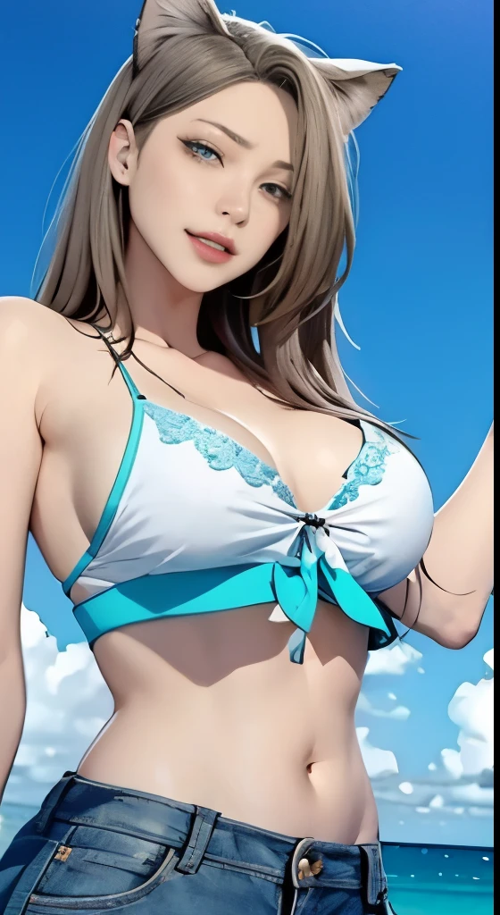 young girl, cat ears, Tight turquoise top, No sleeve, shorts, open belly, white pattern on clothes, grin, big breasts, masterpiece, highest quality、4k, 8k, Highest image quality、beach house、Blue sky、