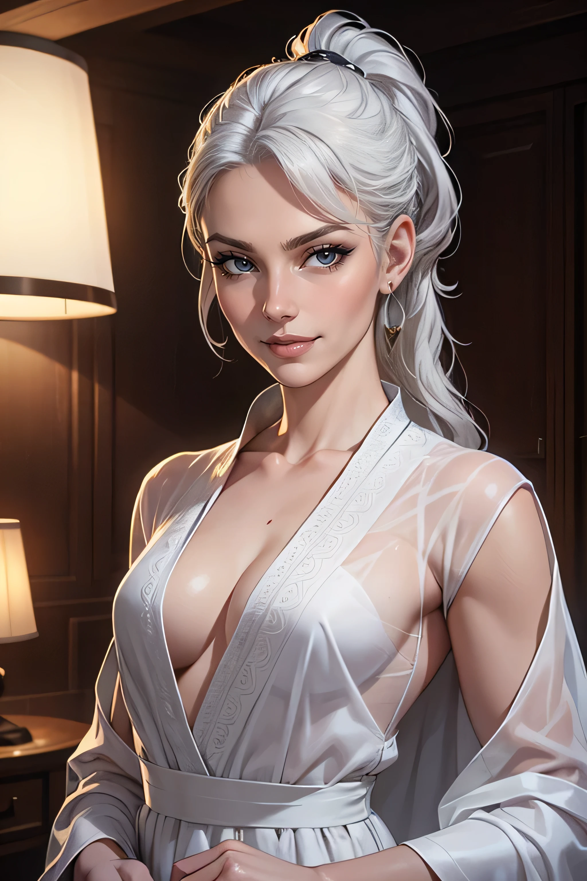 (best quality, masterpiece:1.2), ultra high res, realistic, front lighting, intricate detail, Exquisite details and textures, 1girl, solo ,(young), face highlight, upper body, detailed face, tear mole, white skin, silver hair, ponytail, braid hair, looking at viewer, big eyes, silk robe, (hollow pattern, white, silk), earrings, small breasts, slim body, luxury room, professional lighting, photon mapping, radiosity, physically-based rendering,