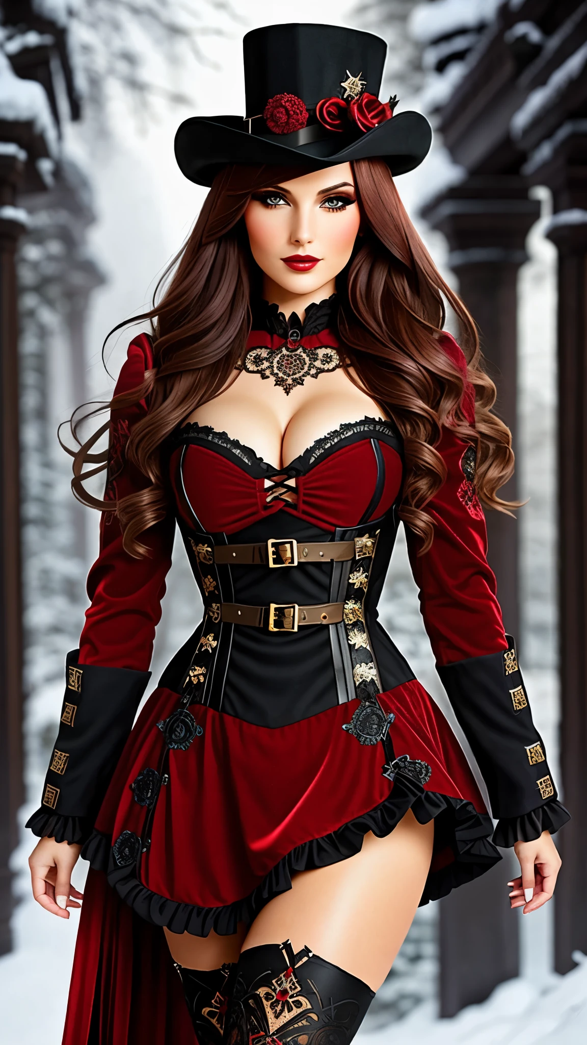 1 gorgeous european woman, light brunette straight hair, {blue | green | grey} eyes, she's a men magazine model, flirts with camera, seducing smile, fancy makeup, heavy eye makeup, red lipstick, ((detailed and sexy steampunk costume, red Santa dress)), (((black openwork stockings with complex intricate patterns and wide lace top))), garter belts, leather accessories, black thigh boots with stiletto heels, long frilly skirt, pose seductive, full body shot, cleavage, Christmas tree, in a snowy garden by a starry night (sitting on floor), ultra sexy, (Best Quality, 16K, Masterpiece, UHD, Ultra quality cinematic lighting, Huge detail, Well lit, 35mm, sharp, hyper realistic, epic scale, insane level of details, beautiful detailed woman, very detailed eyes and face, beautiful detailed eyes, ultra detailed skin, realistic skin)