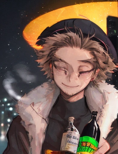 hawk,bottle of wine,drunk man,night scene,street light,blurred background,detailed feathers,expressive eyes,loose clothing,tilted hat,mischievous smile,anime style,rich colors,vibrant atmosphere,strong lighting,urban setting,late night,shadowy figures,neon signs,smoke,lively city,bokeh lights,energetic strokes,brushstrokes,emotional intensity,playful composition,street art influences,realistic portrayal,contrast between light and dark,1 drunk man holding a bottle of wine,2 hawks flying in the night sky,expressive body language,mysterious atmosphere