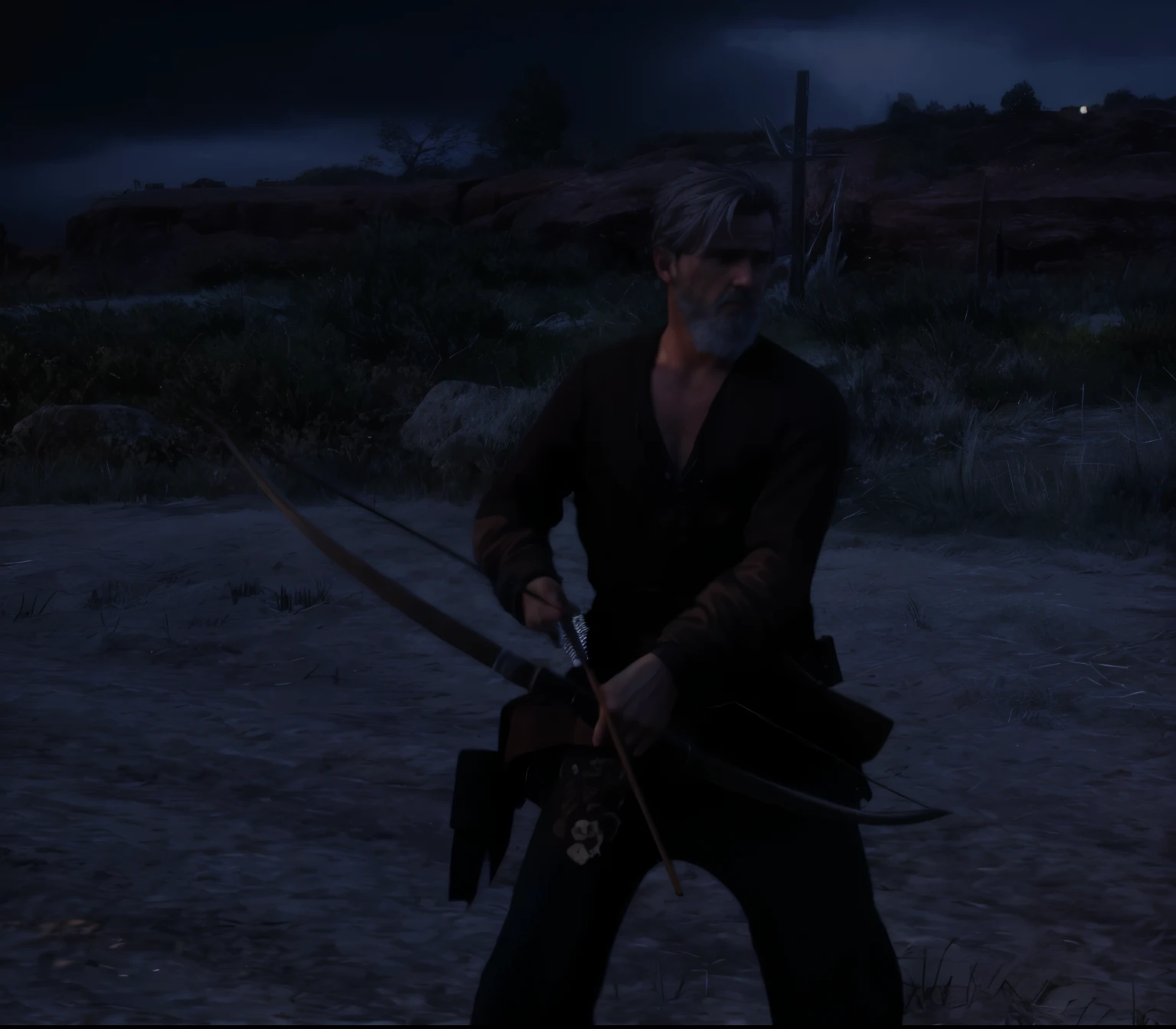 there is a man holding a bow and a knife in a field, empunhando um arco, empunhando um chicote, empunhando foice, segurando uma foice, Arthur Morgan, in morto vermelho redemntion 2, apontando seu arco, empunhando um machado de batalha, homem com foice, Foice enorme, segurando um chicote, [ morto vermelho ]