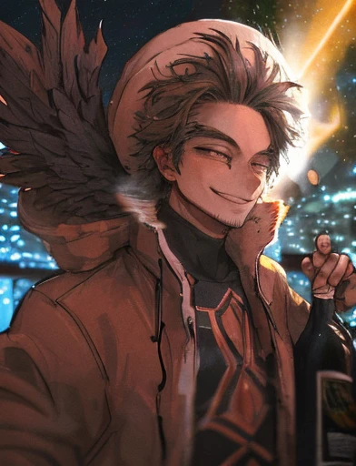 hawk,bottle of wine,drunk man,night scene,street light,blurred background,detailed feathers,expressive eyes,loose clothing,tilted hat,mischievous smile,anime style,rich colors,vibrant atmosphere,strong lighting,urban setting,late night,shadowy figures,neon signs,smoke,lively city,bokeh lights,energetic strokes,brushstrokes,emotional intensity,playful composition,street art influences,realistic portrayal,contrast between light and dark,1 drunk man holding a bottle of wine,2 hawks flying in the night sky,expressive body language,mysterious atmosphere