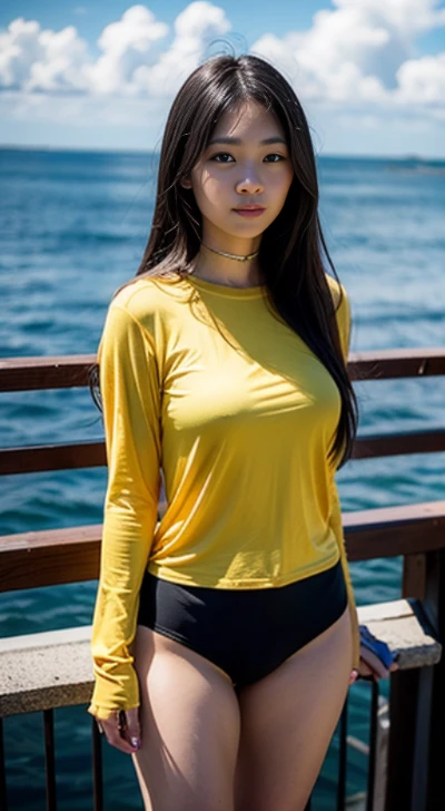 detailed, 8K, photorealistic, ((Japanese girl)), {{{round faith}}}, {{{sharp focus}}}, girl is wearing under wear of yellow t-shirt, black hair, {smile}, {bering sea crab fisherman ship}, {{{wearing fisherman's waders}}}, {{{she is fisherman captain}}}l, {black eyes}, (big beady eyes), (straight hair), 21 years old, Natural lighting