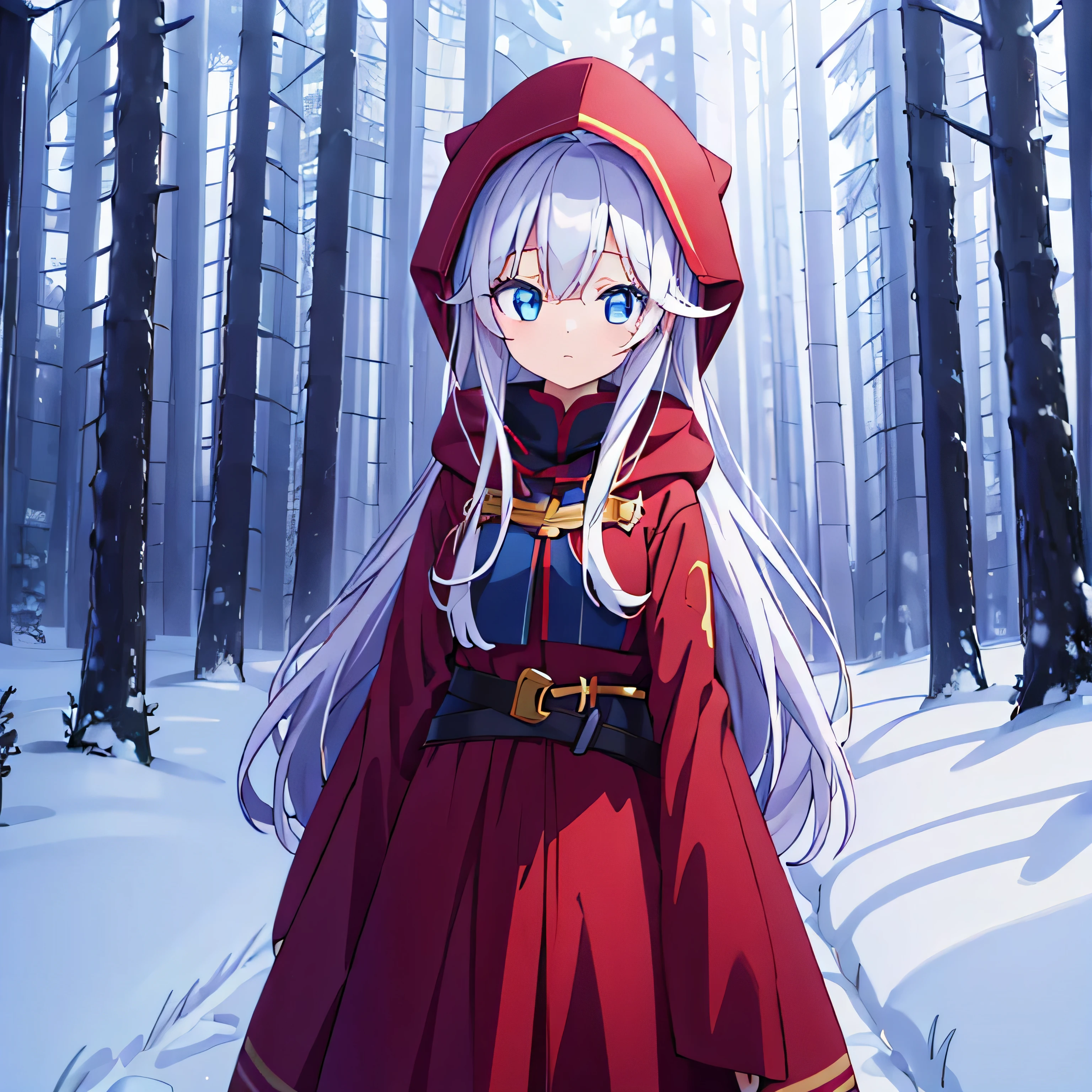 cute anime girl, Red long hair, snow, Blue eyes, background of snowy forest, the girl stands in the center and looks at the viewer, Ancient clothing, dark cloak with gold lines, at the edges with a rounded hood, covering long hair , walking along a forest path