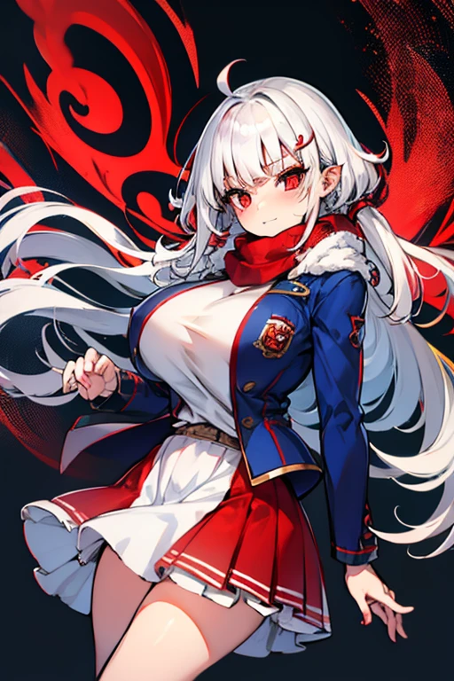 red eye, white hair, short skirt, red skirt, blue jaket, big tits, shirt, black scarf