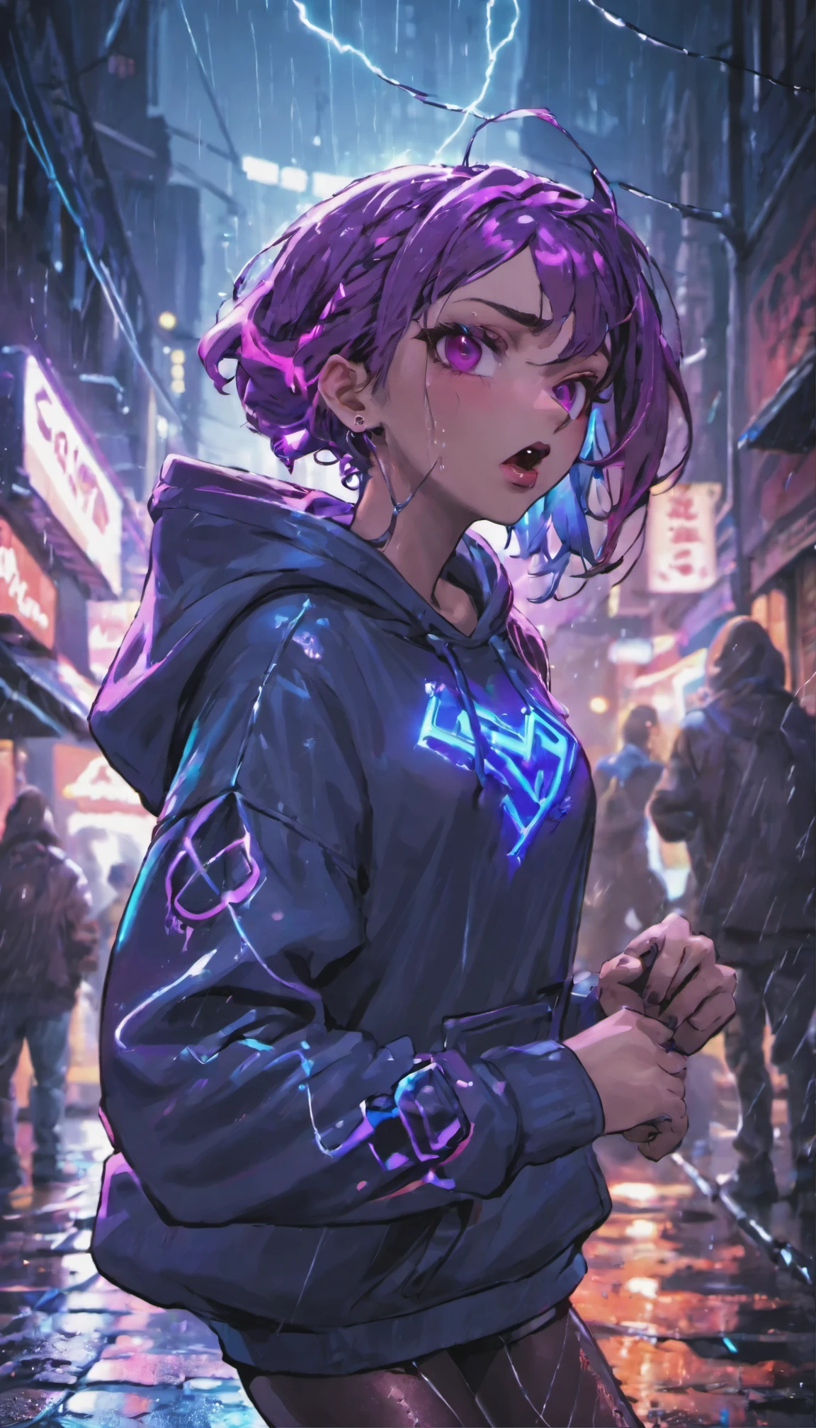 Melhor qualidade,fotografia aproximada, jovem mulher cyberpunk confiante com cabelos brancos,very beautiful big and beautiful lips,prodigy fighting genius , wearing a blue hoodie on a rain-soaked street at night, fotorrealista, cinematic lighting