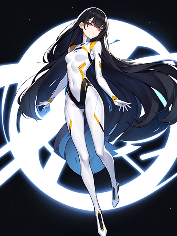 Beautiful slender long legged woman、Beautiful and well-groomed face、long black hair、smooth legs、Balanced slender body、full body esbian、no gravity、space suit that sticks to the body、Inside the space station、mechanical、　white lighting