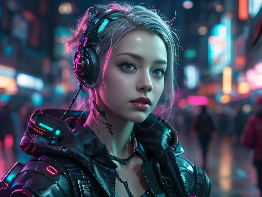cyber punk Girl,(highest quality、8K、32K、masterpiece、nffsw:1.3)、(ultra high resolution)、(Photoreal:1.4)、RAW photo,perfect eyes,charming perfect figure,action pose:1.2,detailed cyberpunk fashion、Cyberpunk world,written boundary depth,blurred background,、