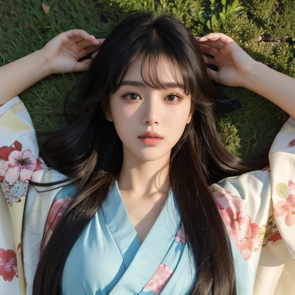 20 years old girl, slim, black long hair, hair loose, bangs on the head, brown eyes, stares straight ahead,medium chest,Perfect breasts, color kimono,Ornament, ornament on the kimono, lying on his back on the grass, Head on the grass,top-down perspective,a beautiful picture,