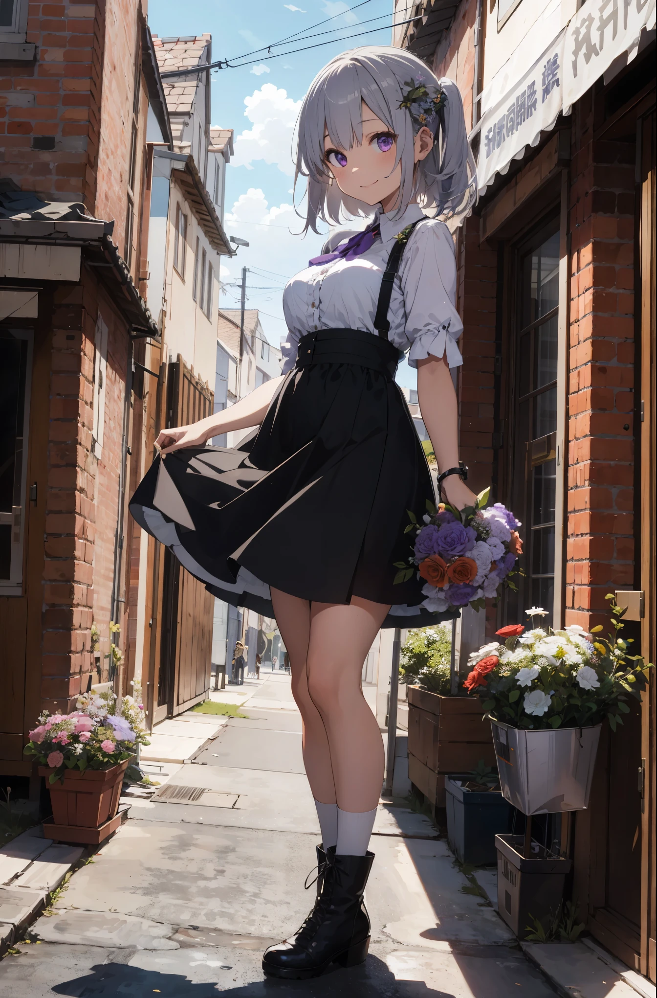 (masterpiece), highest quality, High resolution, very detailed, detailed background, cinematic lighting, outdoor, 1 girl, goblin, medium hair, silver hair, crossed bangs, purple eyes, medium breasts, white shirt, black dress, drastic hair ornaments, skirt, frills, lace rims, frills袖, , Thigh, ankle boots,(((with a large bouquet)))、smile