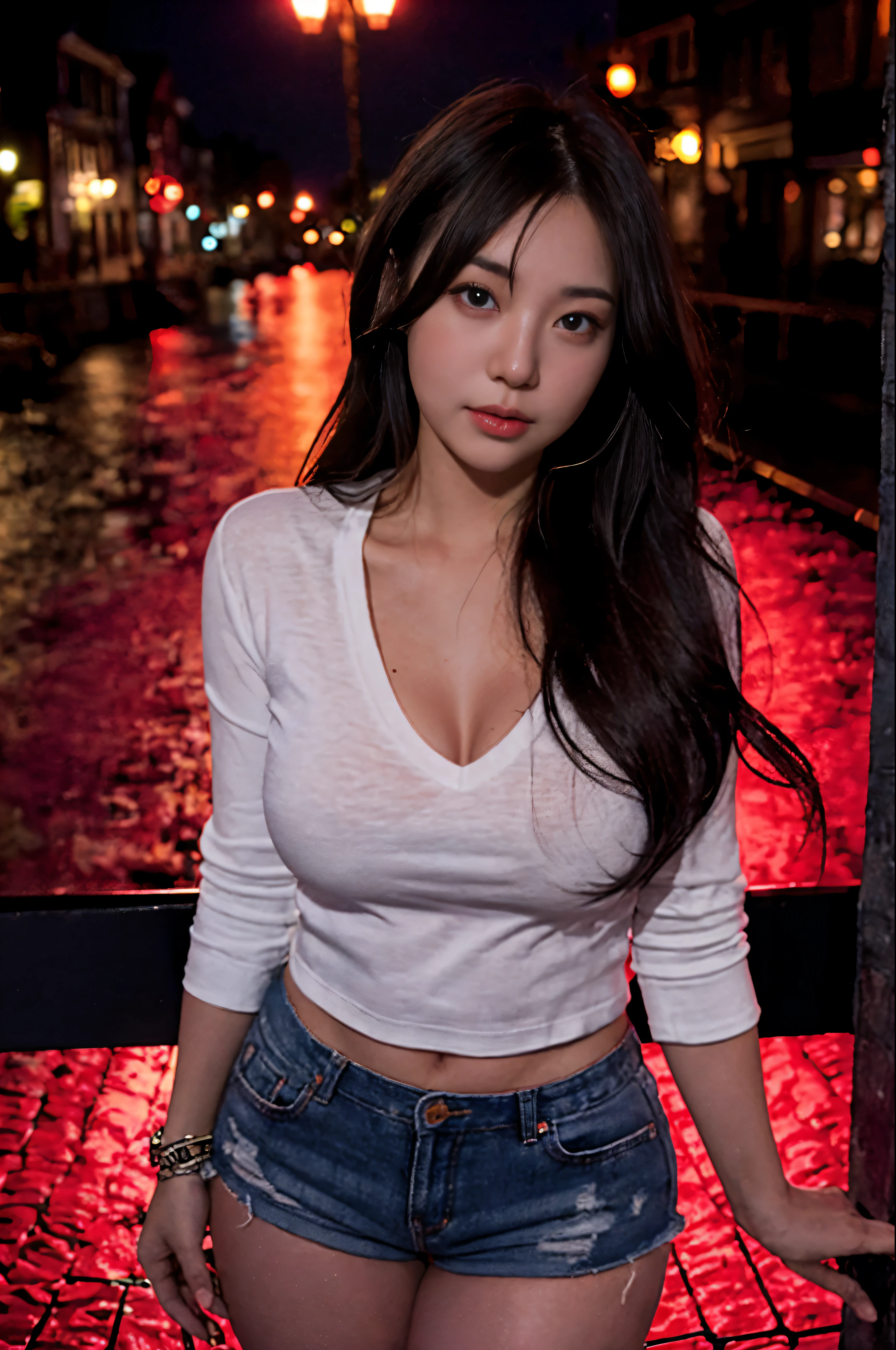 dama, posando seductoramente para el espectador, Solo:1, tirar, hermosos muslos gruesos,
fondo del barrio rojo, pelo largo, 3/4 cuerpo, Mini shorts calientes con cuello en V