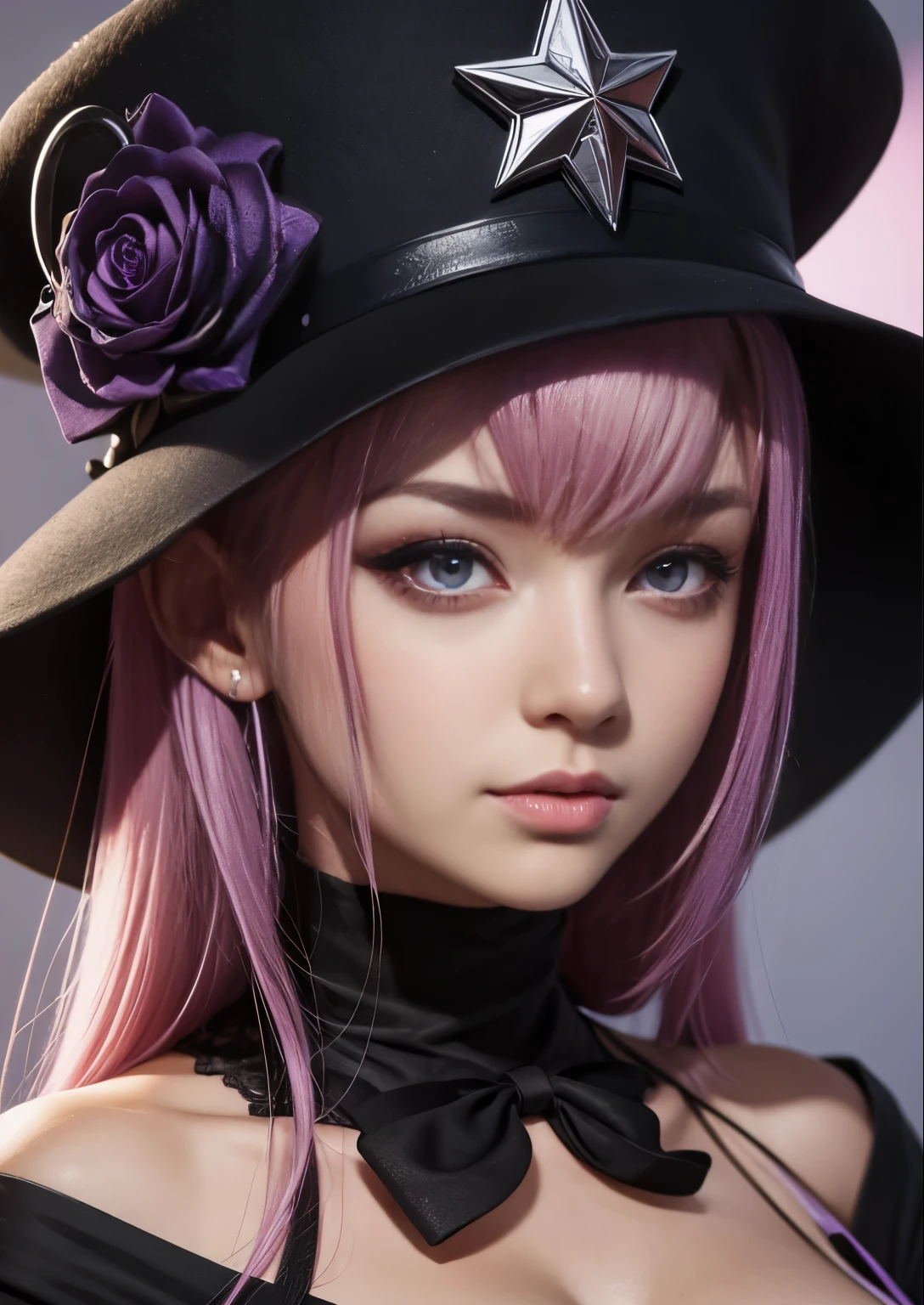 1 girl with pink hair and black hat with purple eyes, character close up, character close-up, rendered in sfm, close up character, 4 k octan render, persona 5 art style wlop, render of a cute girl, character art closeup, close up of a young  girl, shalltear from overlord