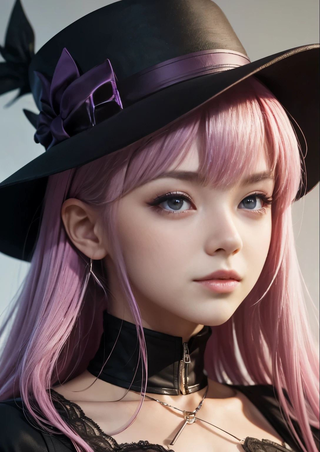 1 girl with pink hair and black hat with purple eyes, character close up, character close-up, rendered in sfm, close up character, 4 k octan render, persona 5 art style wlop, render of a cute girl, character art closeup, close up of a young girl, shalltear from overlord