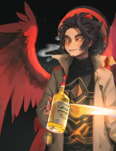 hawk,bottle of wine,drunk man,night scene,street light,blurred background,detailed feathers,expressive eyes,loose clothing,tilted hat,mischievous smile,anime style,rich colors,vibrant atmosphere,strong lighting,urban setting,late night,shadowy figures,neon signs,smoke,lively city,bokeh lights,energetic strokes,brushstrokes,emotional intensity,playful composition,street art influences,realistic portrayal,contrast between light and dark,1 drunk man holding a bottle of wine,2 hawks flying in the night sky,expressive body language,mysterious atmosphere