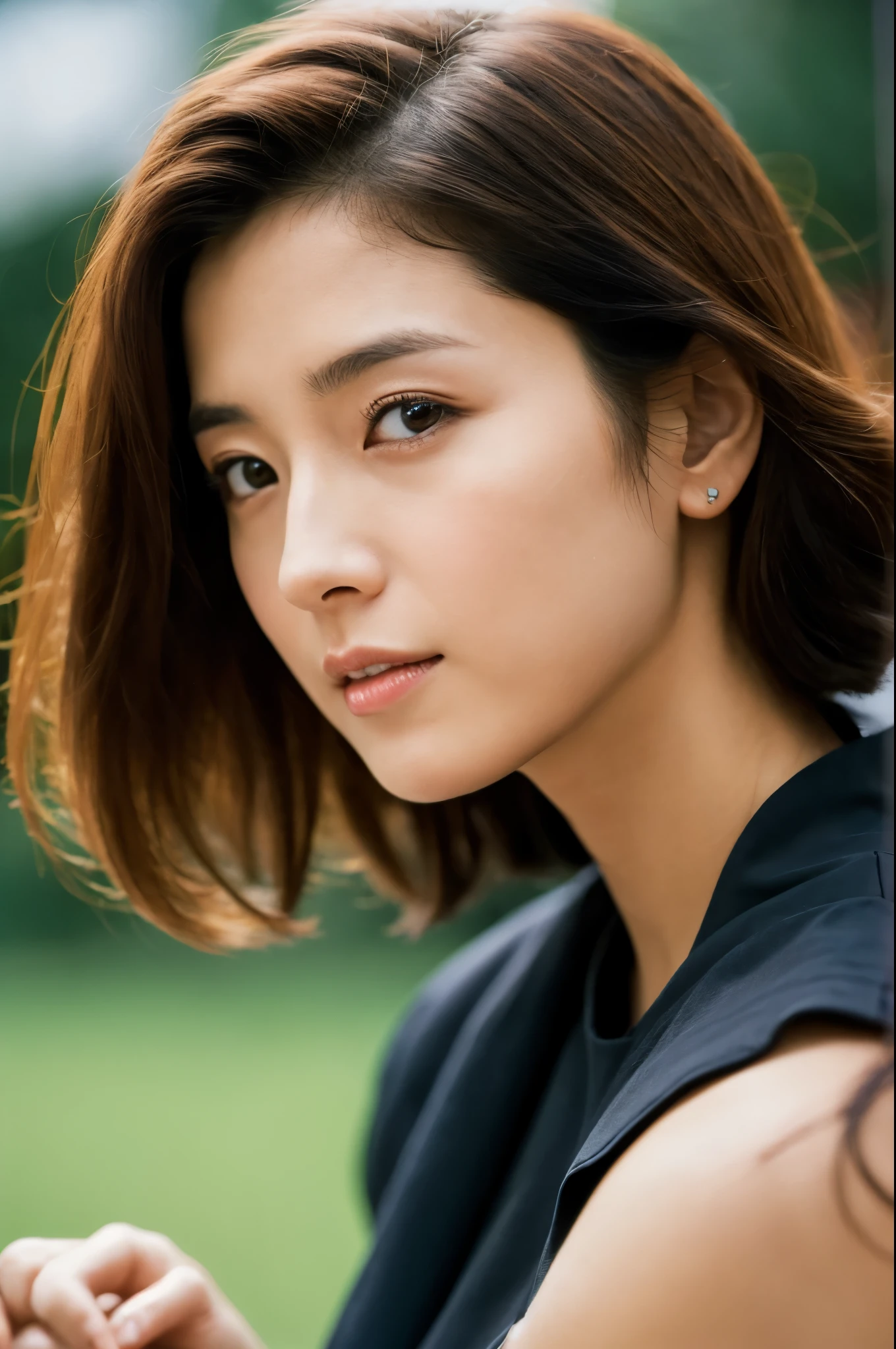 movie, film portrait photography, Hosomi Japanese woman, 30 years old, bare shoulders, wavy shoulder-length hair, calm, Calm, (realistic detailed eyes, natural skin texture, realistic facial details), soft and dramatic lighting, Depth of bounds written, Bokeh, vivid details, in detail, surreal, 35mm film, hazy blur, Facing forward