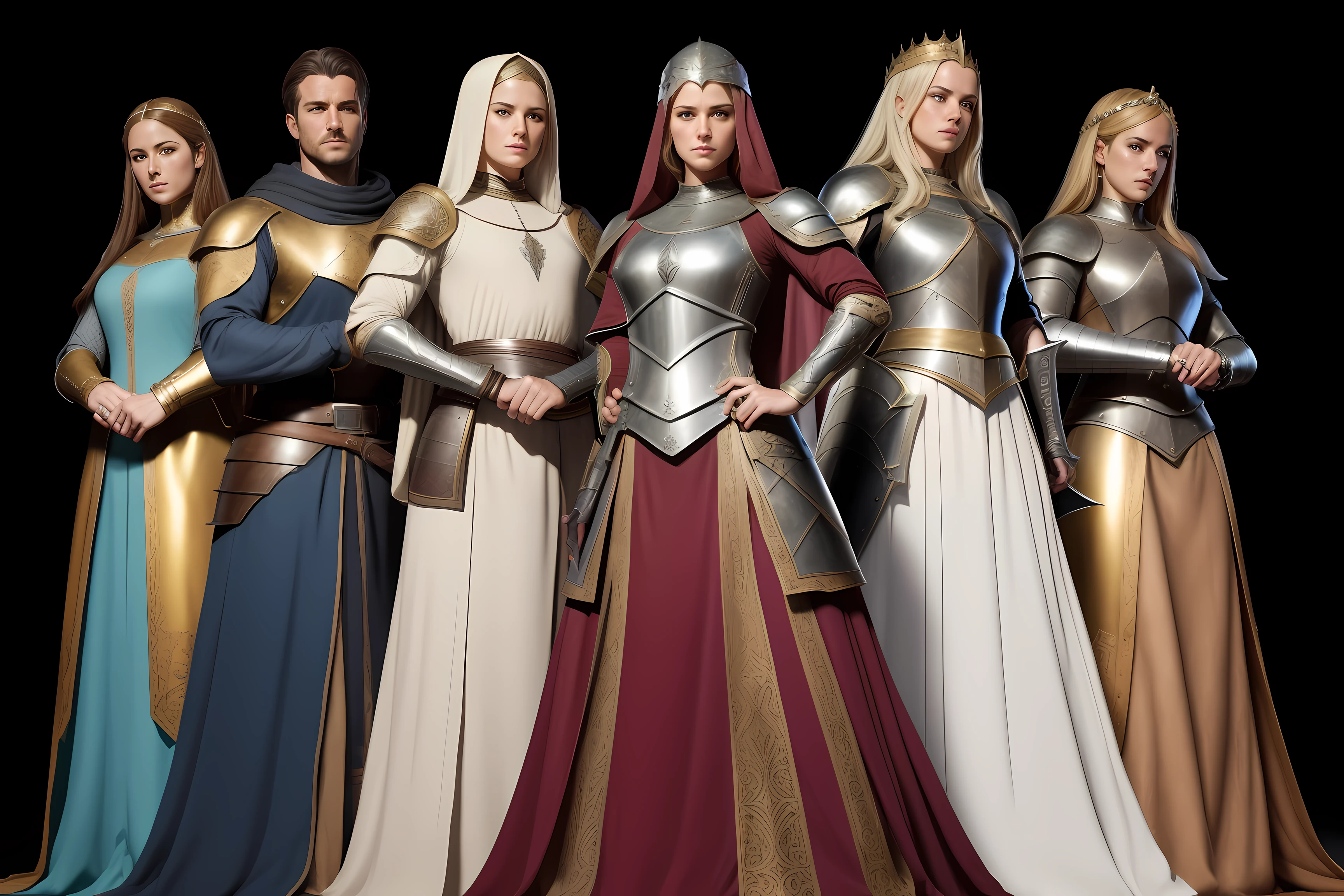 Extremely detailed poster image of four characters, two men and two women, ((medieval style, RPG character class)), 8k UHD, RAW photography, digital painting, ultra-detailed, golden ratio.
Four heroic figures, each with distinct medieval-inspired costumes, representing different RPG character classes, posing confidently. The men clad in heavy armor, their faces etched with determination, longswords at their sides. The women in flowing gowns, their delicate features accentuated, wielding powerful staves or casting complex spells with grace.
Every curve, line, and texture is meticulously rendered, from the intricate details on their armor
