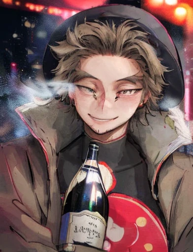 hawk,bottle of wine,drunk man,night scene,street light,blurred background,detailed feathers,expressive eyes,loose clothing,tilted hat,mischievous smile,anime style,rich colors,vibrant atmosphere,strong lighting,urban setting,late night,shadowy figures,neon signs,smoke,lively city,bokeh lights,energetic strokes,brushstrokes,emotional intensity,playful composition,street art influences,realistic portrayal,contrast between light and dark,1 drunk man holding a bottle of wine,2 hawks flying in the night sky,expressive body language,mysterious atmosphere