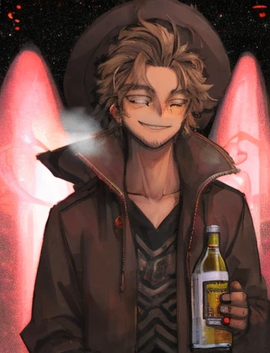 hawk,bottle of wine,drunk man,night scene,street light,blurred background,detailed feathers,expressive eyes,loose clothing,tilted hat,mischievous smile,anime style,rich colors,vibrant atmosphere,strong lighting,urban setting,late night,shadowy figures,neon signs,smoke,lively city,bokeh lights,energetic strokes,brushstrokes,emotional intensity,playful composition,street art influences,realistic portrayal,contrast between light and dark,1 drunk man holding a bottle of wine,2 hawks flying in the night sky,expressive body language,mysterious atmosphere