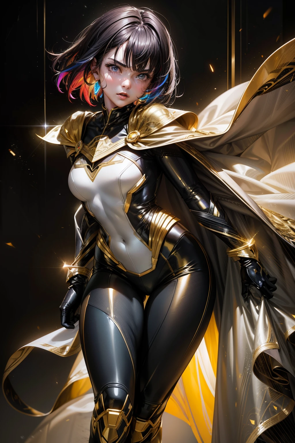 (from face to the waist::1)) Hyperrealistic masterpiece brunette short hair ((with glowing colorful fringe)) Superhero girl in detailed black & golden tight plugsuit ((with white cape)), cinematic illumination 8k