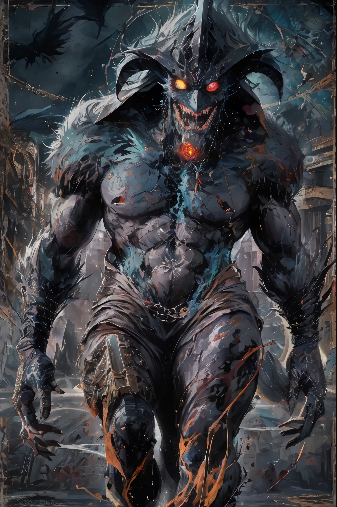 (absurdos, Altas Resoluciones, Ultra detallado, HDR), Obra maestra, La mejor calidad, Un hombre calvo sentado en Demon con un ojo gigante, en mirada arrogante, solamente, hombre rudo, demon eyeball, globo ocular gigante, asqueroso, Ala de demonio negro, cuerno de demonio, guapo, Ojos rojos, ojo brillante, black robe, Pendiente y accesorio, pecho desnudo, cara arrogante, cuerpo completo, magic vortex, chispa, remolino, Aura negra, un cielo negro y nublado, abismo, Antecedentes abstractos, desde un lado, buscar, sonrisa malvada