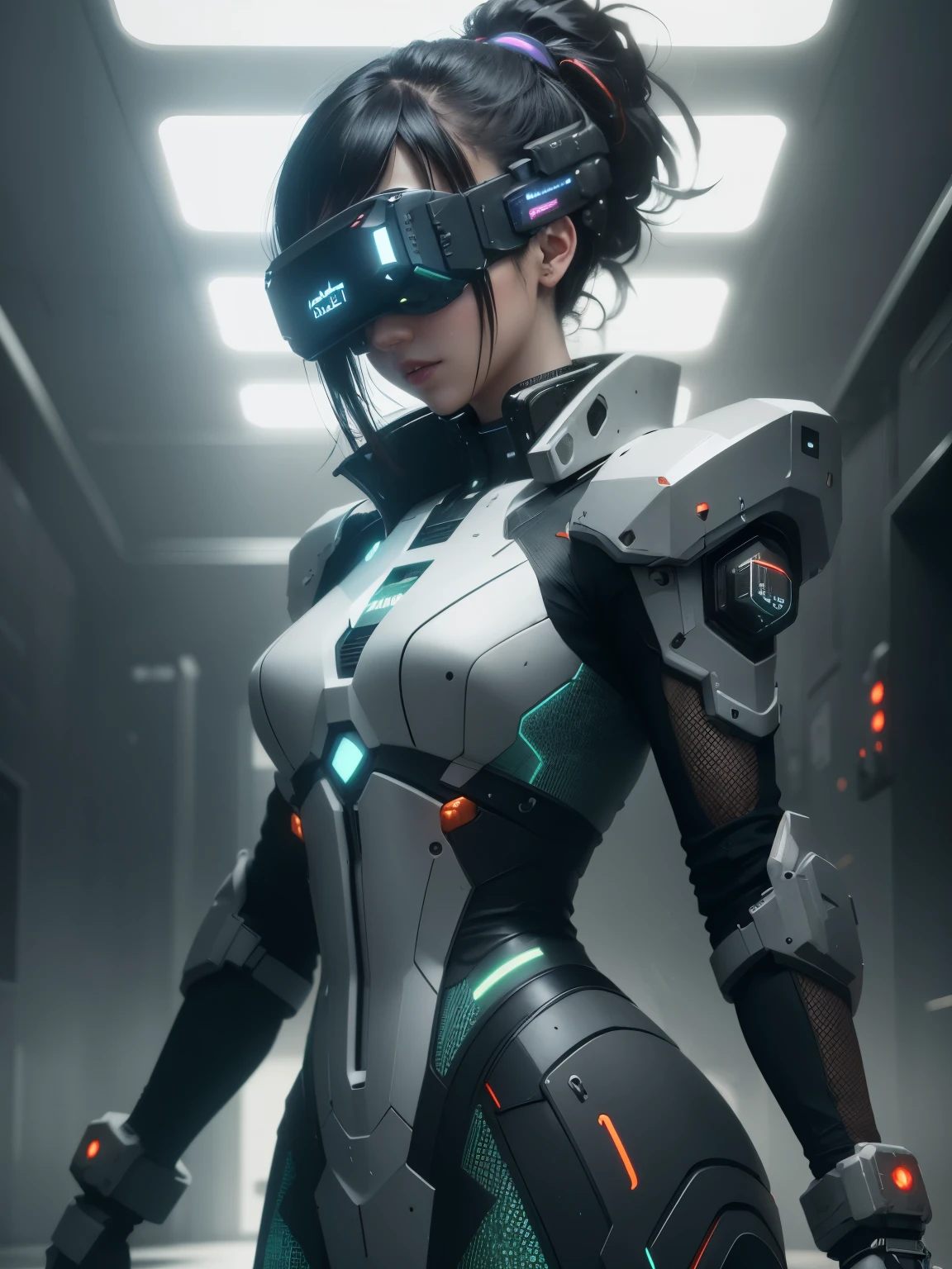 (from front:1.5), (1mechanical girl:1.5),full body, solo, Slim waist, thick thighs, (machine made joints:1.2),(machanical limbs:1.1),(blood vessels connected to tubes),(mechanical vertebra attaching to back),(mechanical cervial attaching to neck), lights on armor, mecha headglass, (Luminous Arms:1.5), (laser eyes:1.5), expressionless, huge breast,
colorful,hdr, ray tracing, nvidia rtx, super-resolution, unreal 5, subsurface scattering, pbr texturing, post-processing, anisotropic filtering, depth of field, maximum clarity and sharpness, rule of thirds, 16k raw, (luminescent particles:1.4), extremely detailed cg, unity 8k wallpaper, 3d, cinematic lighting, lens flare, reflections, sharp focus, cyberpunk art, realistic, highly detailed CG illustration, an extremely delicate and beautiful, cinematic light, (photorealistic:1.5), (Dark background:1.5),dynamic angle, masterpiece, best quality, ultra-detailed, illustration, detailed light, dramatic_shadow,face shadow,extra detailed,best performance,