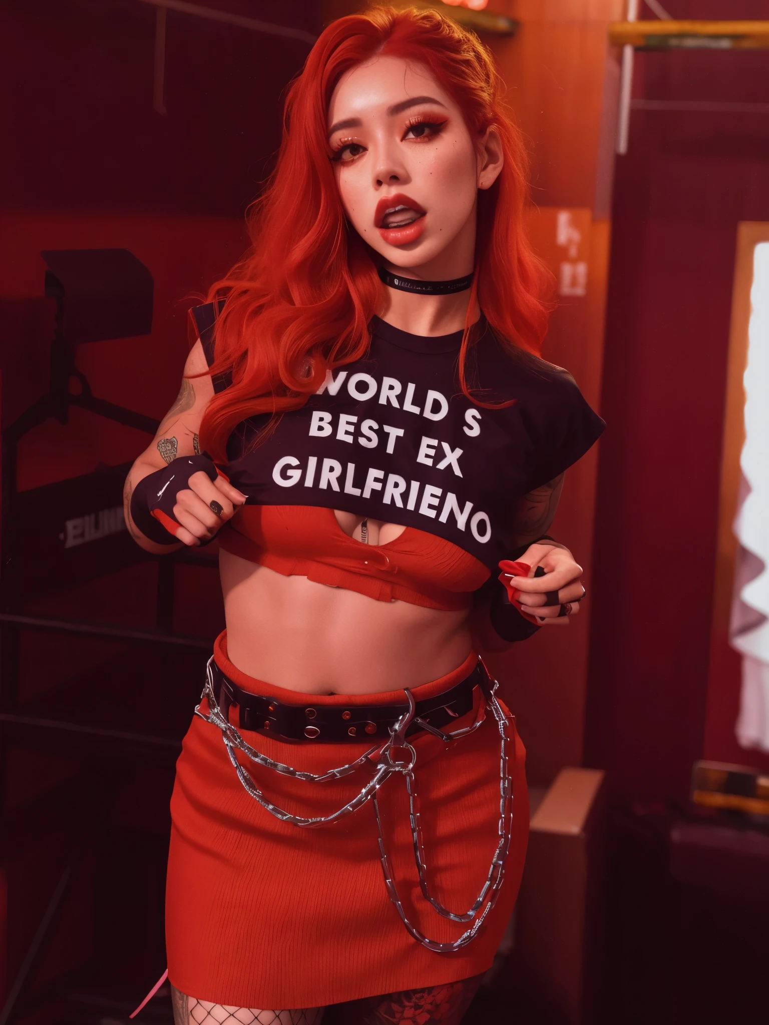 mulher ruiva com camisa preta e saia vermelha com correntes na cintura, Bela Thorne, ellie bamber, garota ruiva, absolutamente, amoranto, por Julia Pishtar, ela tem cabelo vermelho , her belly button is exposed, better known as amoranto, charli xcx, ela tem cabelo longo vermelho sangue, Asian girl, punk, corpo bonito, fazendo pose sexy, corpo definido