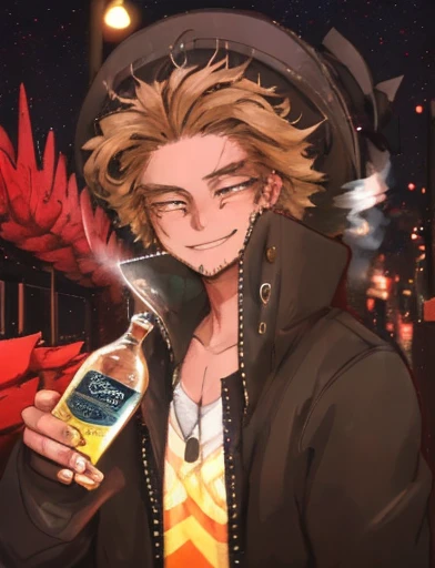 hawk,bottle of wine, man,night scene,street light,blurred background,detailed feathers,expressive eyes,loose clothing,tilted hat,mischievous smile,anime style,rich colors,vibrant atmosphere,strong lighting,urban setting,late night,shadowy figures,neon signs,smoke,lively city,bokeh lights,energetic strokes,brushstrokes,emotional intensity,playful composition,street art influences,realistic portrayal,contrast betwelight and dark,1 drunk mading a bottle of wine,2 hawks flying in the night sky,expressive body language,mysterious atmosphere