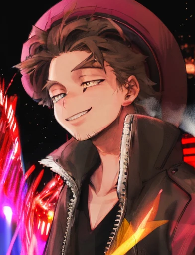 hawk,bottle of wine,drunk man,night scene,street light,blurred background,detailed feathers,expressive eyes,loose clothing,tilted hat,mischievous smile,anime style,rich colors,vibrant atmosphere,strong lighting,urban setting,late night,shadowy figures,neon signs,smoke,lively city,bokeh lights,energetic strokes,brushstrokes,emotional intensity,playful composition,street art influences,realistic portrayal,contrast between light and dark,1 drunk man holding a bottle of wine,2 hawks flying in the night sky,expressive body language,mysterious atmosphere