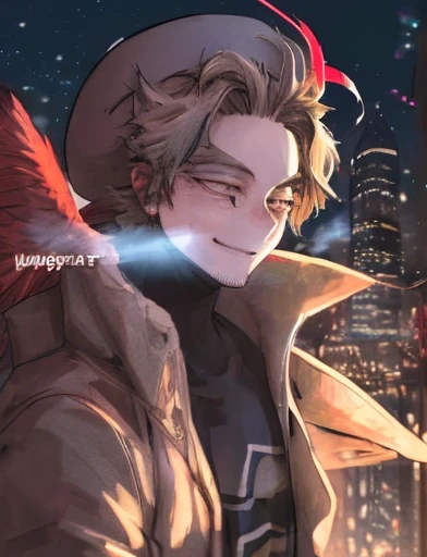 hawk,bottle of wine,drunk man,night scene,street light,blurred background,detailed feathers,expressive eyes,loose clothing,tilted hat,mischievous smile,anime style,rich colors,vibrant atmosphere,strong lighting,urban setting,late night,shadowy figures,neon signs,smoke,lively city,bokeh lights,energetic strokes,brushstrokes,emotional intensity,playful composition,street art influences,realistic portrayal,contrast between light and dark,1 drunk man holding a bottle of wine,2 hawks flying in the night sky,expressive body language,mysterious atmosphere