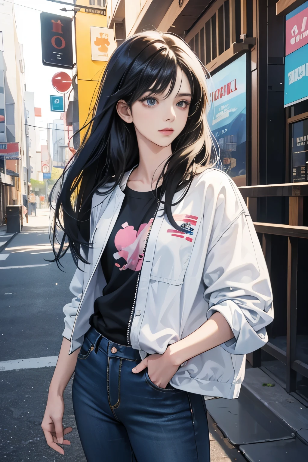 very colorful, pop feel, summer image, beautiful woman with long black hair, Around 25 years old, seaside, wearing a white blouson, black jeans, perfect tall model body,mysterious, cool beauty, it will happen, Sparkling summer memories, Anime drawing by Yang J, Trending at Art Station, realism, extremely detailed germ of art, Realistic anime 3D style, anime style 4 k, up to the model | germ of art, anime style. 8K, casual clothes, realistic anime art style, style germ of art, sharp outline, highest quality, perfect angle, perfect composition, The perfect subject, best shot, official art,CD jacket, 80s city pop, very stylish
