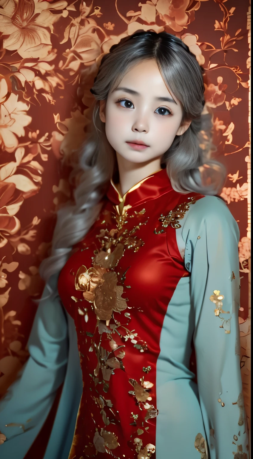 1 、cute face、small nose、plump lips、An ennui look、night, dark, ash gray hair,(Detailed gray eyes)、red tunic,cute costumes, Upper body,Perfect good looks, black background,shining turquoise blue,((wallpaper 8k)), ((surreal)), ((Quality with attention to detail:1.2)),cinematic lighting,professional photographer,random pose、50ｍｍlens