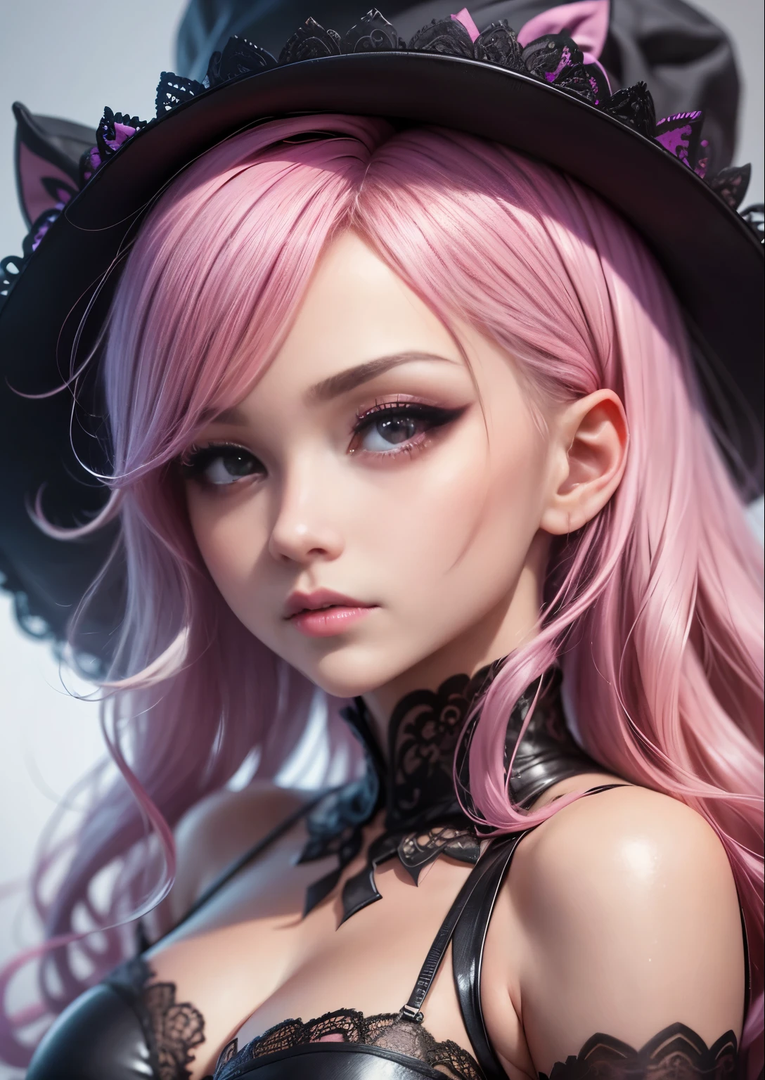 anime girl with pink hair and black hat with purple eyes, character close up, character close-up, rendered in sfm, close up character, anime styled 3d, 4 k octan render, persona 5 art style wlop, render of a cute 3d anime girl, character art closeup, close up of a young anime girl, shalltear from overlord