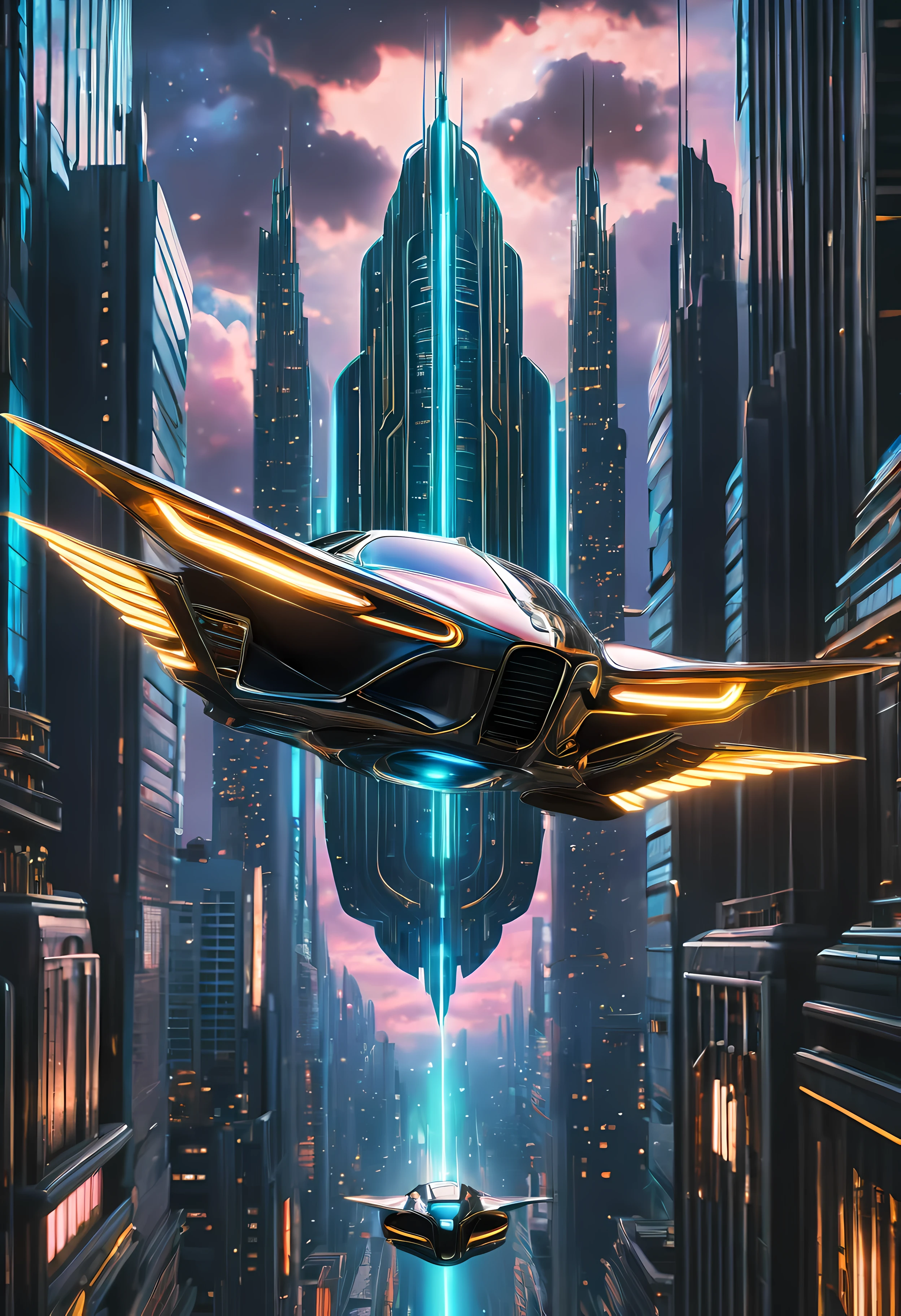 art deco style flying car, art deco style science fiction, art deco style future skyscrapers

(best quality,4k,8k,highres,masterpiece:1.2),ultra-detailed,(realistic,photorealistic,photo-realistic:1.37),HDR,UHD,studio lighting,ultra-fine painting,sharp focus,physically-based rendering,extreme detail description,professional,vivid colors,bokeh,art deco style,art deco architecture,streamlined design,sleek lines,geometric shapes,chrome accents,luxurious interior,retro-futuristic,glowing neon lights,urban environment,futuristic cityscape,skyscrapers reaching the clouds,flying car hovering in the air,graceful movement,advanced propulsion system,lustrous metallic body,polished surfaces,sci-fi inspired,high-tech gadgets,integrated holographic displays,innovative energy source,propeller-less design,elegant wings spreading gracefully,sparkling starry night background,reflections on the car's surface,exquisite attention to detail,captivating sense of motion,aesthetic harmony,endless possibilities of the future,awe-inspiring creation.