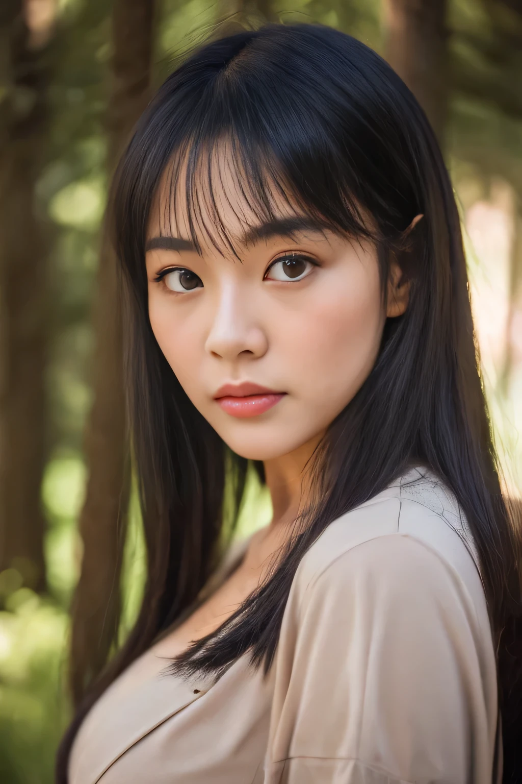 cosplay,,plump body,cute face,beautiful face,double eyelid,long hair,black hair,black eye,Mountain,forest,retro artstyle,Mysterious,high quality,realistic,Beautiful woman,gravure,adult woman,Snazzy,Fashion Model,Japanese