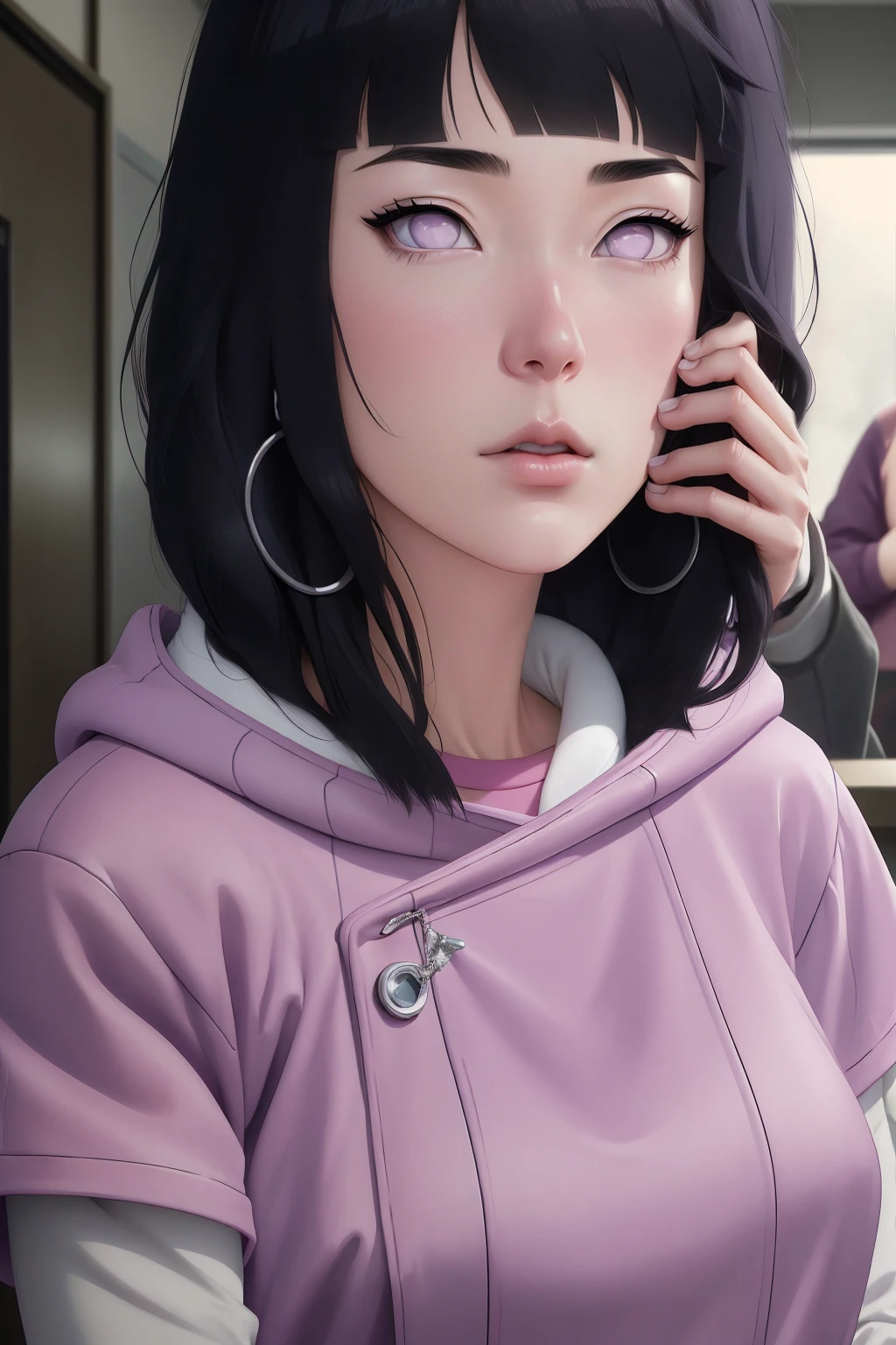 { - anatomy error} (Masterpiece - Ultra-detailed, very high resolution) , absurdities, Hinata\(Boruto\), 1girl, alone,Mature female, Purple hood, layered white sleeves, jeans, perfect composition, full lips, big chest, beautiful face, body proportion, blushing, (pink lips), black hair short (black hair), lilac eyes, soft look, super realistic, circumstantial, realistic face and body, realistic hair, realistic eyes, realistic nose, realistic lips, with big hoop earrings, anime. reading, writing, walking, backwards, lying down, standing, dynamic poses, mouth closed. Different posture.