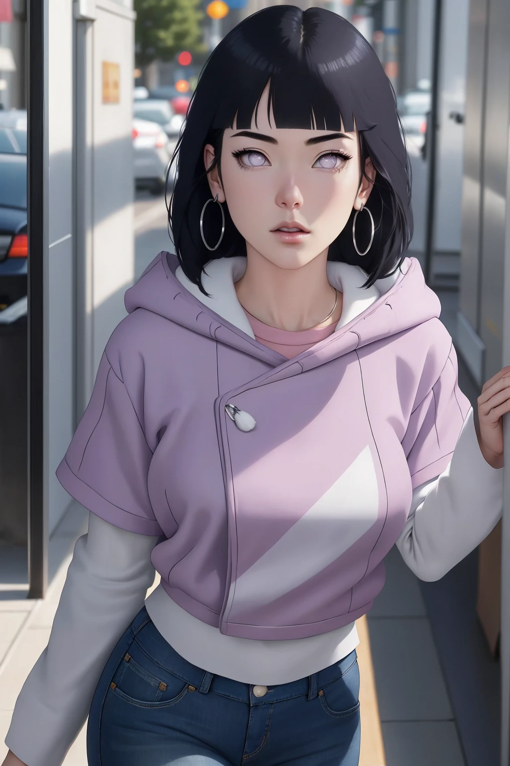 { - anatomy error} (Masterpiece - Ultra-detailed, very high resolution) , absurdities, Hinata\(Boruto\), 1girl, alone,Mature female, Purple hood, layered white sleeves, jeans, perfect composition, full lips, big chest, beautiful face, body proportion, blushing, (pink lips), black hair short (black hair), lilac eyes, soft look, super realistic, circumstantial, realistic face and body, realistic hair, realistic eyes, realistic nose, realistic lips, with big hoop earrings, anime. reading, writing, walking, backwards, lying down, standing, dynamic poses, mouth closed. Different posture.