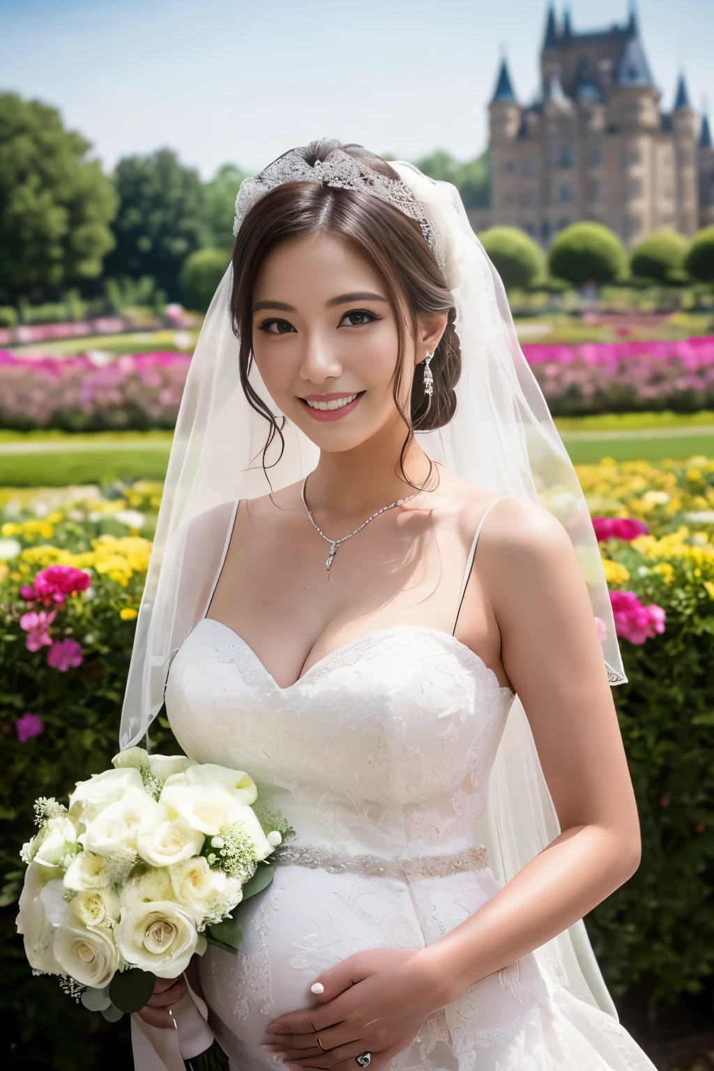 (table top、highest quality、8K、very detailed and intricate details、The most complex and detailed textures、ultra high resolution)、(1 人の50歳のpregnancy中のbride:1.3)、(pregnancy:1.1)、(50 year old mature woman with wrinkles on her face:1.2)、big and full breasts、the most luxurious wedding dress、wedding lace、highest qualityの巨大なティアラ、highest qualityの巨大なネックレス、the most luxurious and luxurious decoration、(surrounded by many flowers:1.2)、bride in the castle flower garden、the most luxurious and romantic wedding、(huge flower gardenに立つbride:1.2)、one giant fountain、huge flower garden、Exterior of the most luxurious and huge European castle in the background、(bride'upper body photo:1.2)、accurate anatomy、とても明るく照らされたbride、Beautiful white and shining skin、the best smile when you look at me、(Background filled with flowers:1.2)