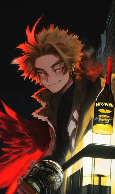 hawk,bottle of wine,drunk man,night scene,street light,blurred background,detailed feathers,expressive eyes,loose clothing,mischievous smile,anime style,rich colors,vibrant atmosphere,strong lighting,urban setting,late night,shadowy figures,neon signs,smoke,lively city,bokeh lights,energetic strokes,brushstrokes,emotional intensity,playful composition,street art influences,realistic portrayal,contrast between light and dark,1 drunk man holding a bottle of wine,2 hawks flying in the night sky,expressive body language,mysterious atmosphere