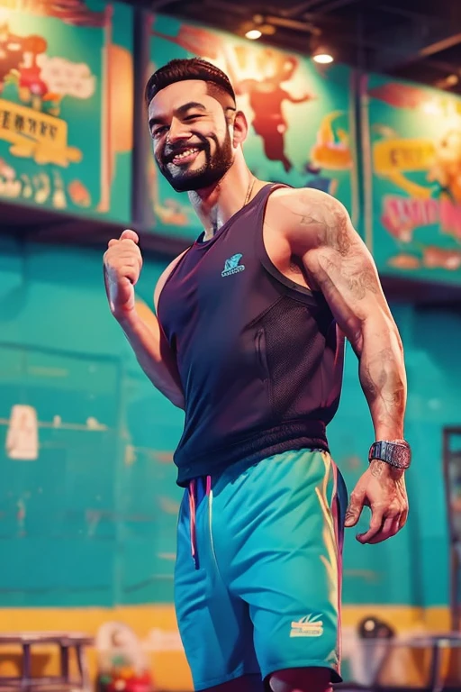 Please illustrate a scene in a gym with a bright and vibrant color scheme, creating a sporty and healthy atmosphere. The gym is equipped with modern and stylish exercise machines, and various training areas are set up.

In the center, there is a Japanese man with a dark complexion wearing vibrant workout attire. He stands with a smile, explaining something to the participants in the gym. In his hands, there is a document with graphical illustrations and charts depicting a training plan. He passionately discusses effective training methods and the importance of health to the gym members.

Surrounding them are brightly colored gym logos and motivational posters, creating an energetic and lively ambiance. Participants engage in enjoyable training sessions with energetic music playing in the background. The air is filled with motivational words and positive energy.

In this illustration, capture the expression of the Japanese man and the overall atmosphere of the gym to convey a healthy and positive training environment.