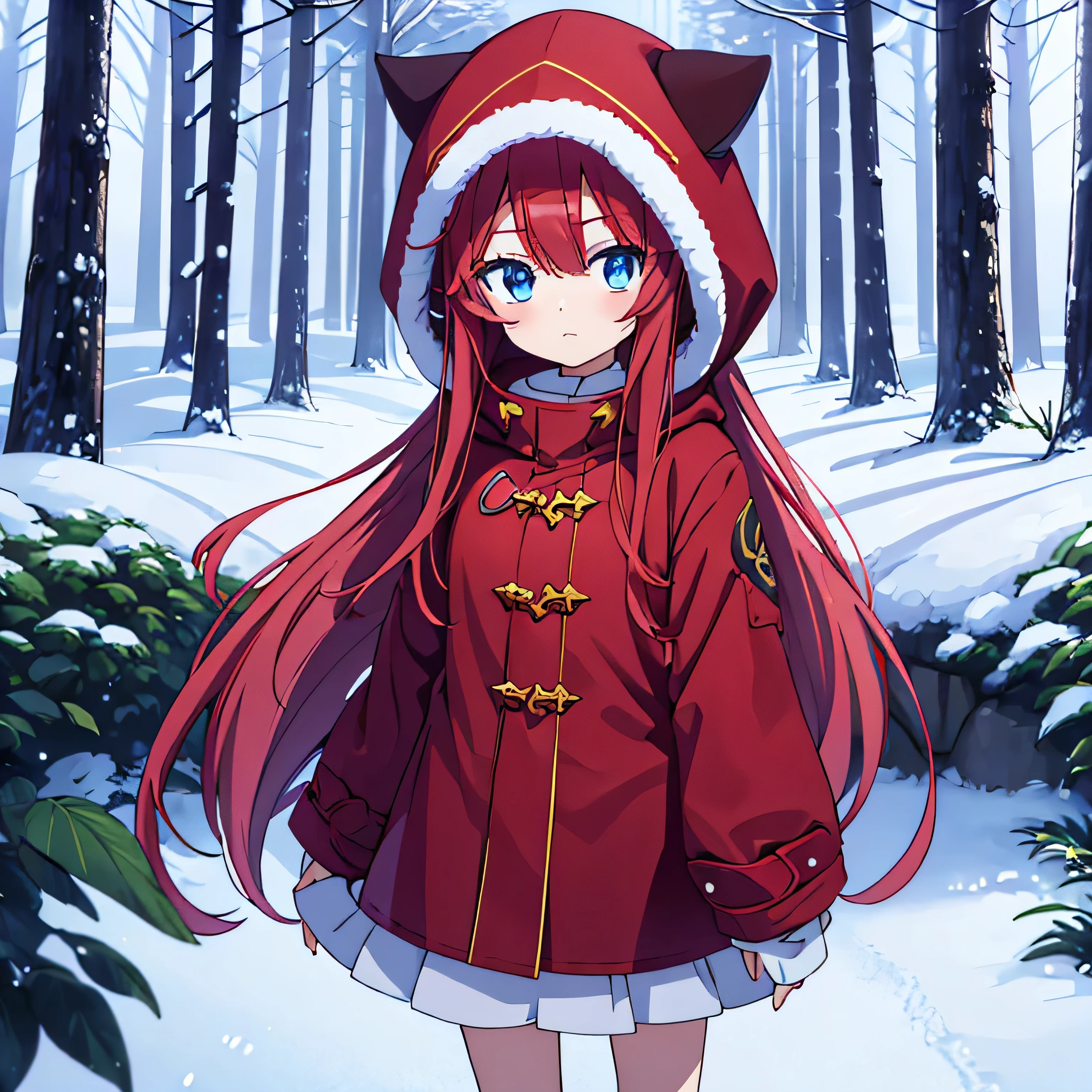 cute anime girl, Red long hair, snow, Blue eyes, background of snowy forest, the girl stands in the center and looks at the viewer, Ancient clothing, dark cloak with gold lines, at the edges with a rounded hood, covering long hair , walking along a forest path