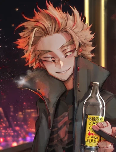 hawk,bottle of wine,drunk man,night scene,street light,blurred background,detailed feathers,expressive eyes,loose clothing,mischievous smile,anime style,rich colors,vibrant atmosphere,strong lighting,urban setting,late night,shadowy figures,neon signs,smoke,lively city,bokeh lights,energetic strokes,brushstrokes,emotional intensity,playful composition,street art influences,realistic portrayal,contrast between light and dark,1 drunk man holding a bottle of wine,2 hawks flying in the night sky,expressive body language,mysterious atmosphere