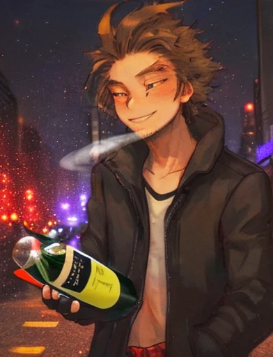 hawk,bottle of wine,drunk man,night scene,street light,blurred background,detailed feathers,expressive eyes,loose clothing,mischievous smile,anime style,rich colors,vibrant atmosphere,strong lighting,urban setting,late night,shadowy figures,neon signs,smoke,lively city,bokeh lights,energetic strokes,brushstrokes,emotional intensity,playful composition,street art influences,realistic portrayal,contrast between light and dark,1 drunk man holding a bottle of wine,2 hawks flying in the night sky,expressive body language,mysterious atmosphere