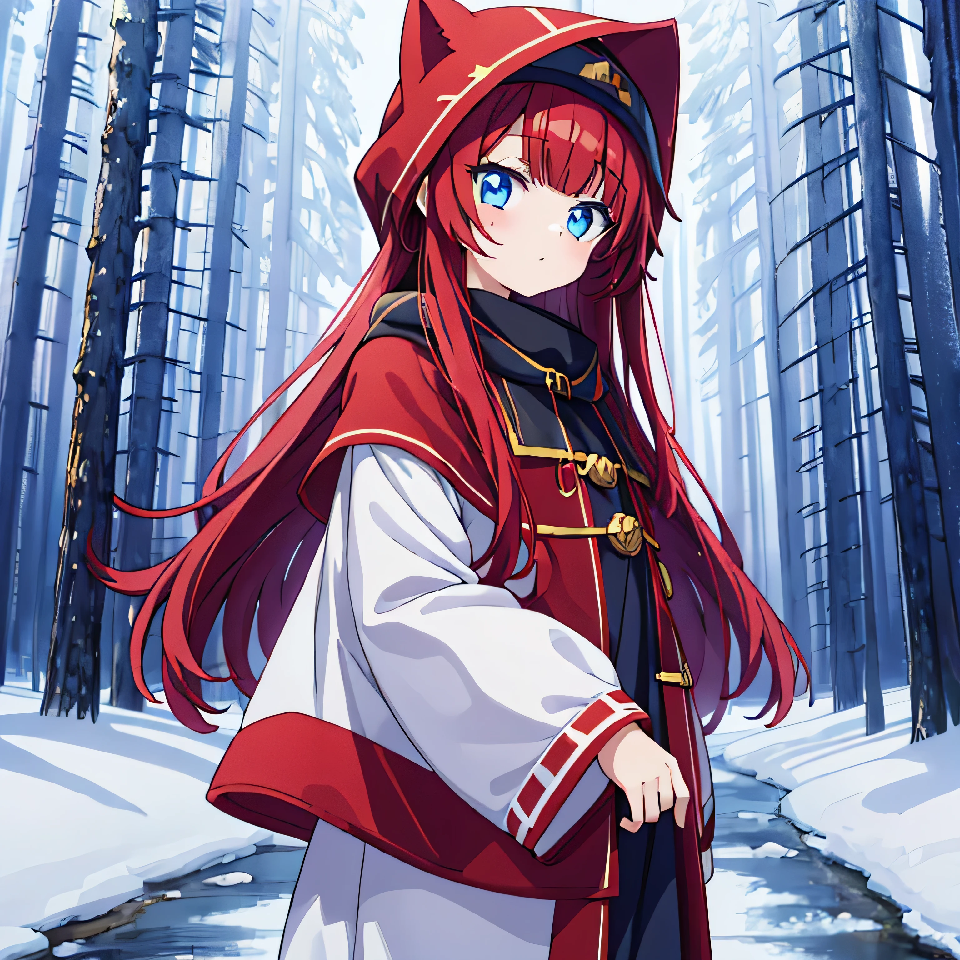 cute anime girl, Red long hair, snow, Blue eyes, background of snowy forest, the girl stands in the center and looks at the viewer, Ancient clothing, dark cloak with gold lines, at the edges with a rounded hood, covering long hair , walking along a forest path